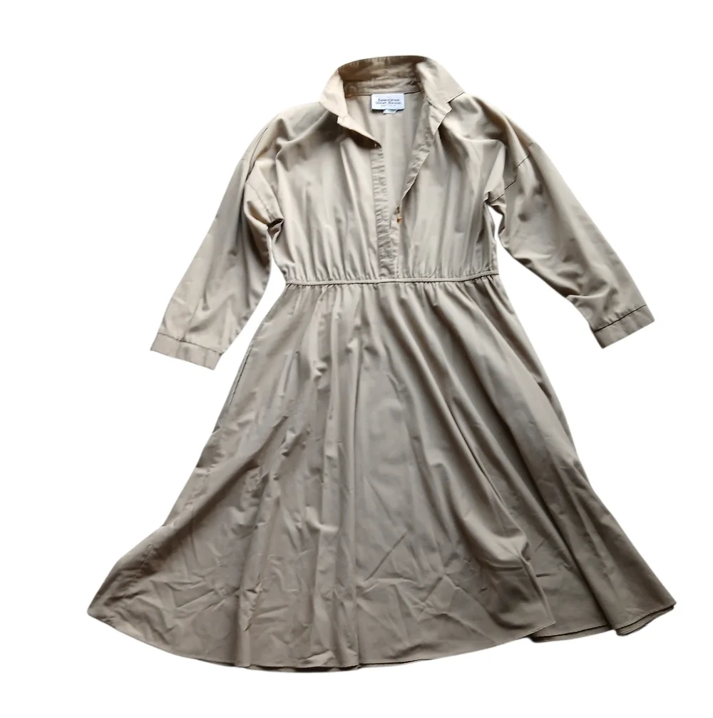 American Shirt Dress Women's Size 12P Beige Long-Sleeve Midi Dress - Picture 1 of 6